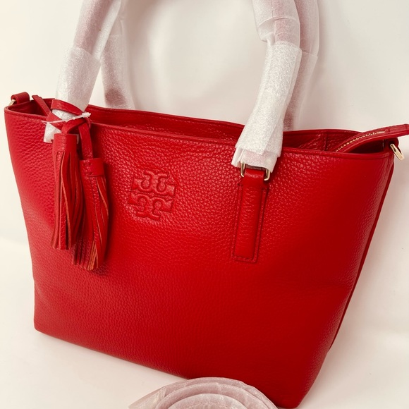 NEW Tory Burch Red Thea Small Convertible Red Pebbled Leather Tote - Picture 4 of 10